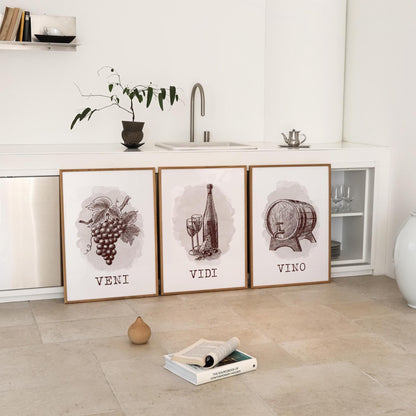 Veni Vidi Vino Wine Prints Set, Home Bar Art D124