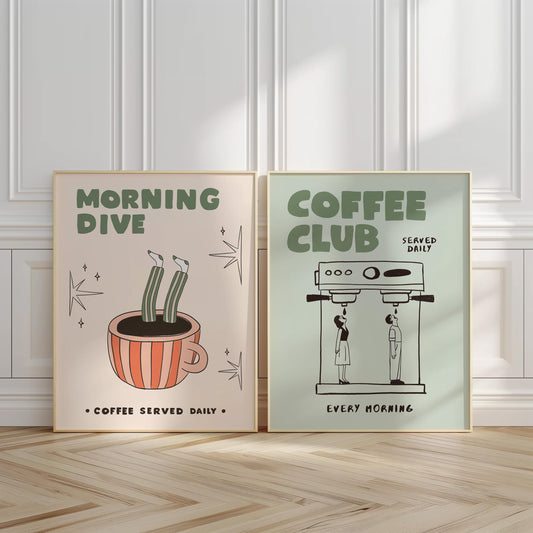 Coffee Bar Decor Set of 2 Posters, Espresso Print, Retro Kitchen Art, Coffee-Lover Gift