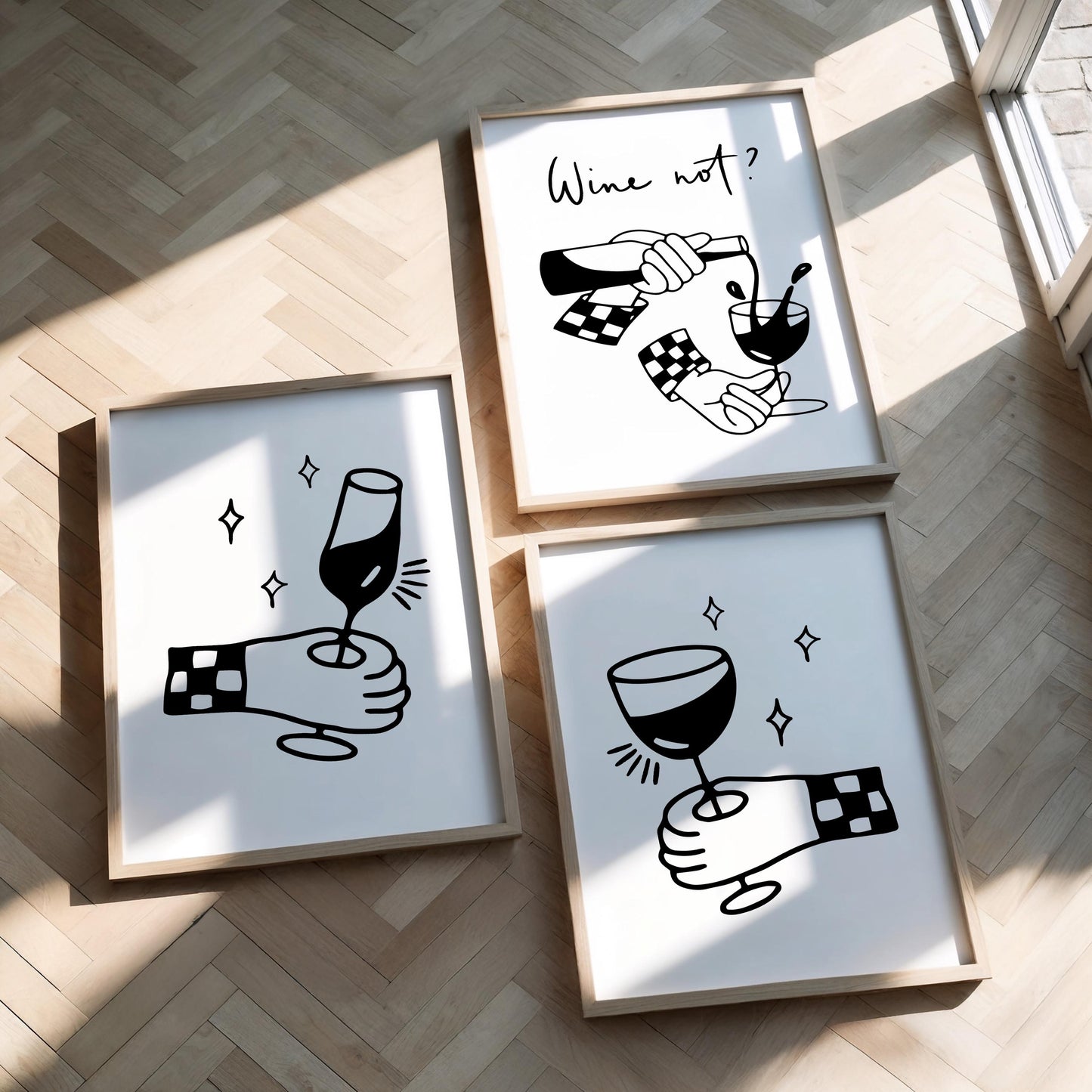Wine Not Print Set, Trendy Bar Art, Modern Kitchen Decor D125