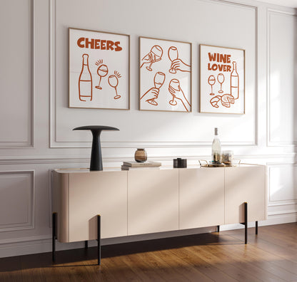 Wine Lover Line Art Print Set, Minimalist Kitchen Bar Decor D128