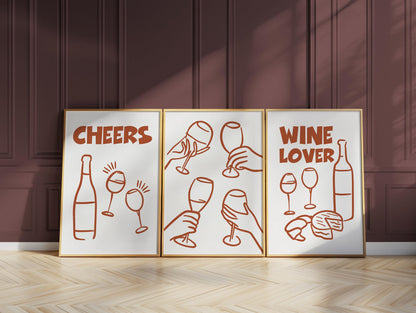 Wine Lover Line Art Print Set, Minimalist Kitchen Bar Decor D128