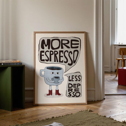 More Espresso Less Depresso Coffee Poster, Hand Drawn Retro Kitchen Wall Art MR83