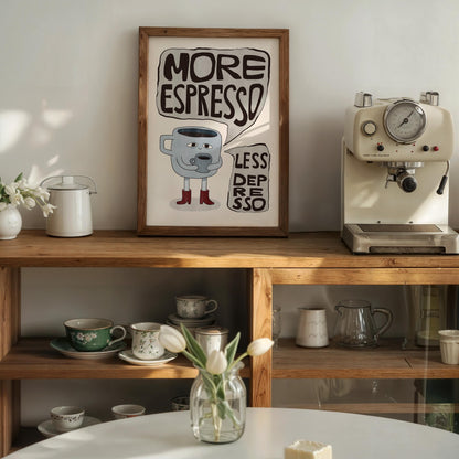 More Espresso Less Depresso Coffee Poster, Hand Drawn Retro Kitchen Wall Art MR83