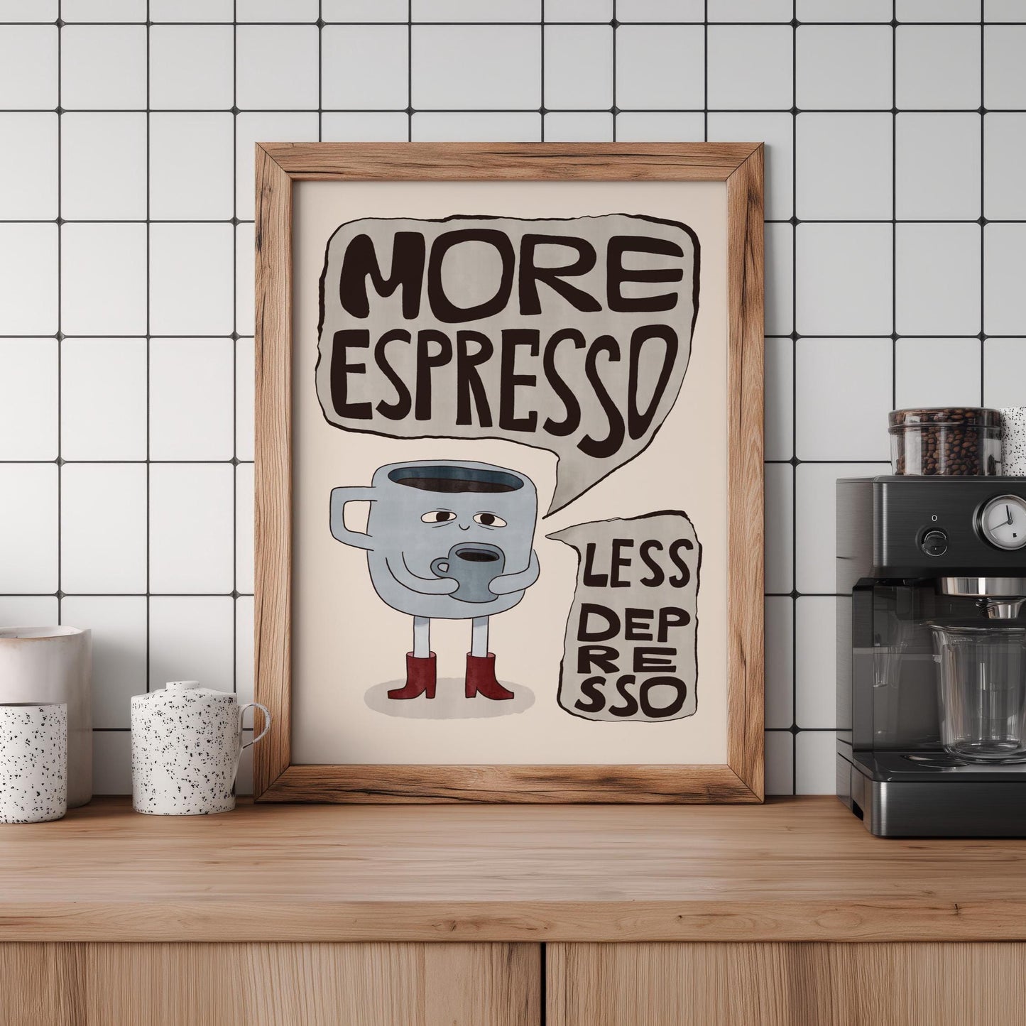 More Espresso Less Depresso Coffee Poster, Hand Drawn Retro Kitchen Wall Art MR83