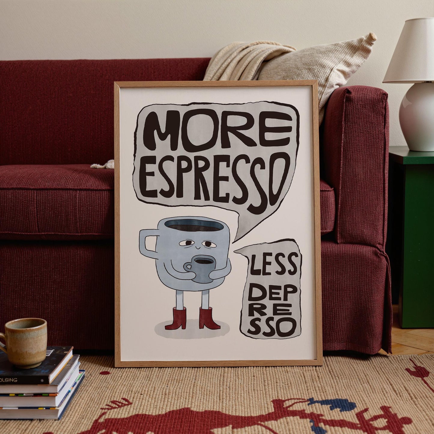 More Espresso Less Depresso Coffee Poster, Hand Drawn Retro Kitchen Wall Art MR83