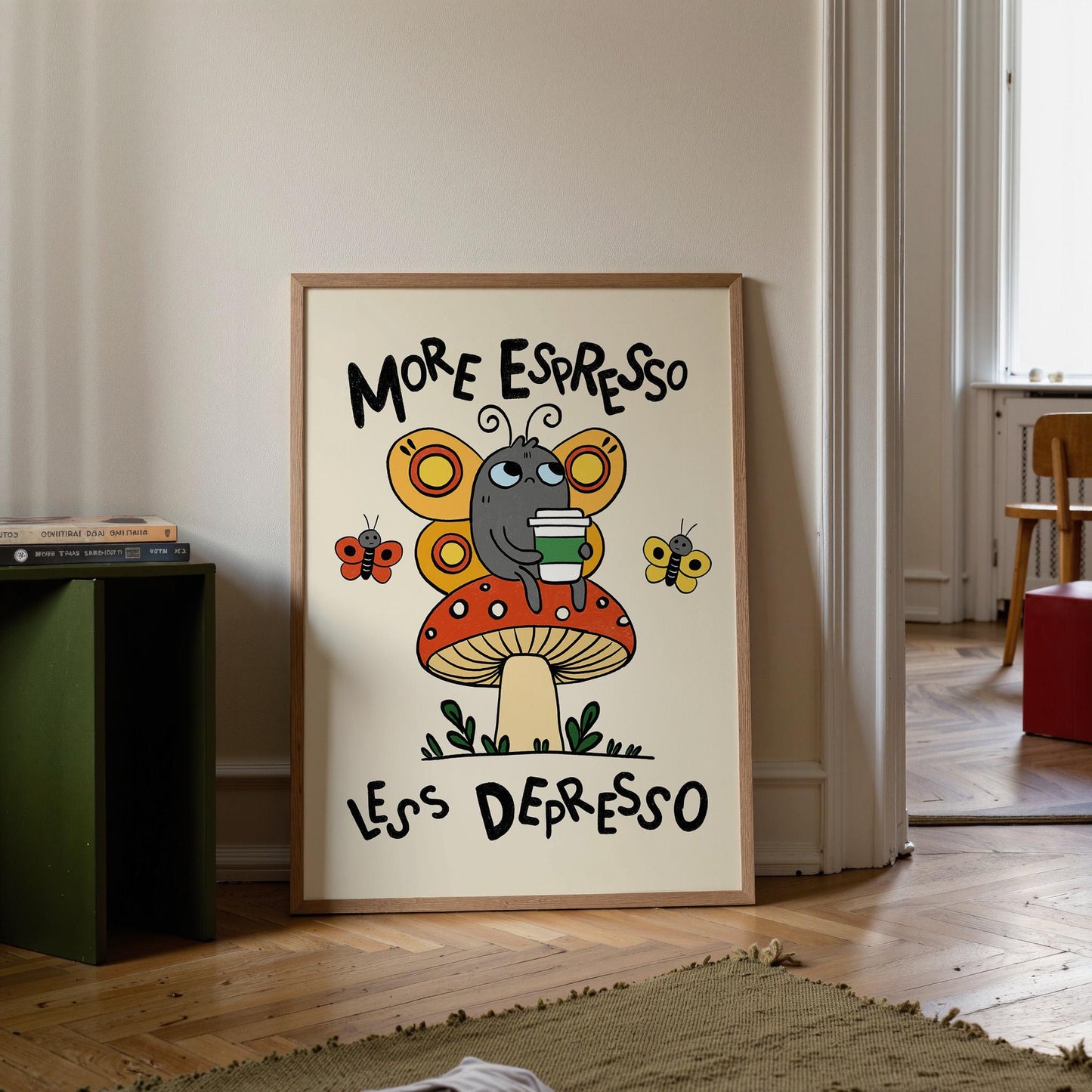 Retro Espresso Depresso Butterfly Mushroom Print, Whimsical Coffee Wall Art MR8