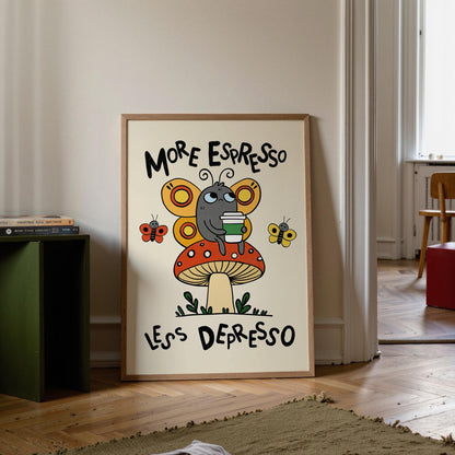 Retro Espresso Depresso Butterfly Mushroom Print, Whimsical Coffee Wall Art MR8