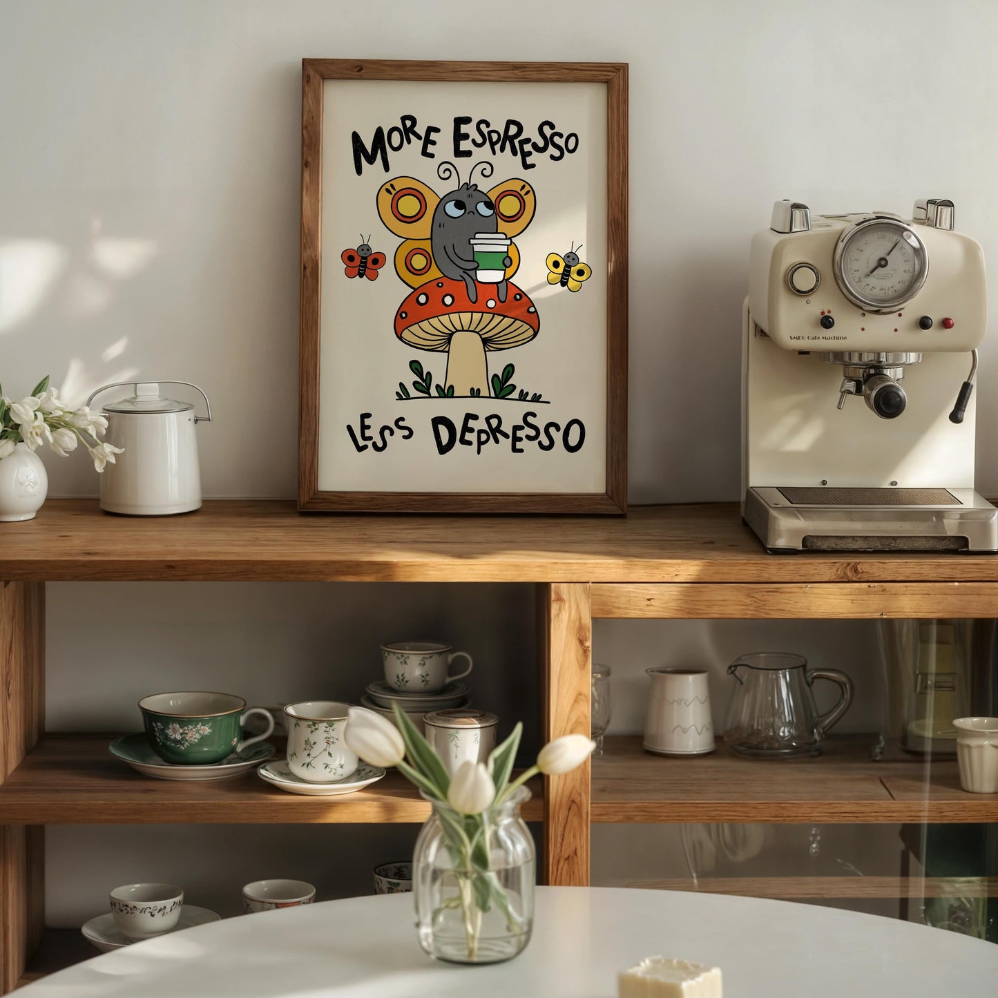 Retro Espresso Depresso Butterfly Mushroom Print, Whimsical Coffee Wall Art MR8