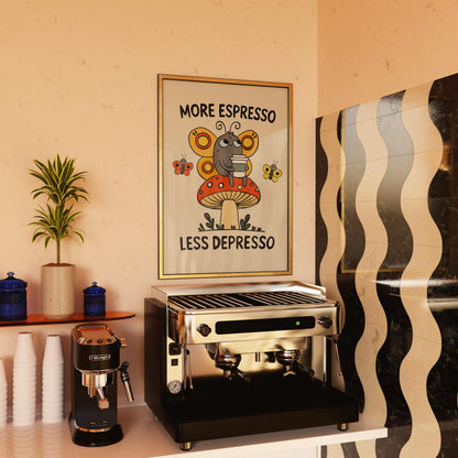 Retro Espresso Depresso Butterfly Mushroom Print, Whimsical Coffee Wall Art MR8