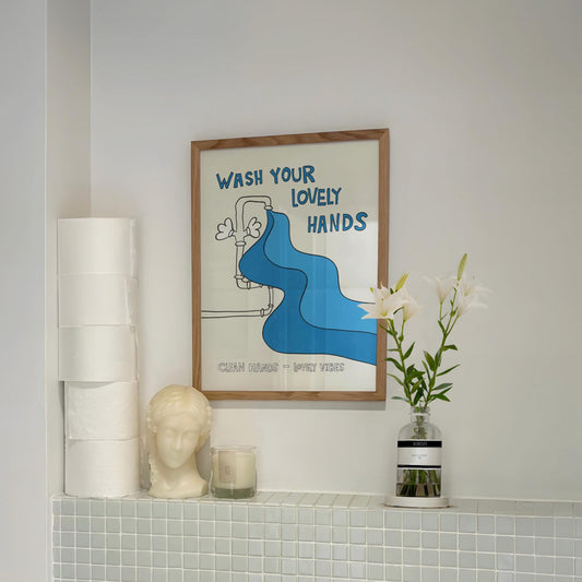 Hand Drawn Wash Your Hands Print, Retro Bathroom Wall Art MR22