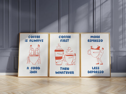 Funny Coffee Quote Poster Set – Espresso, Cafe Wall Art Trio (3 Prints) D135