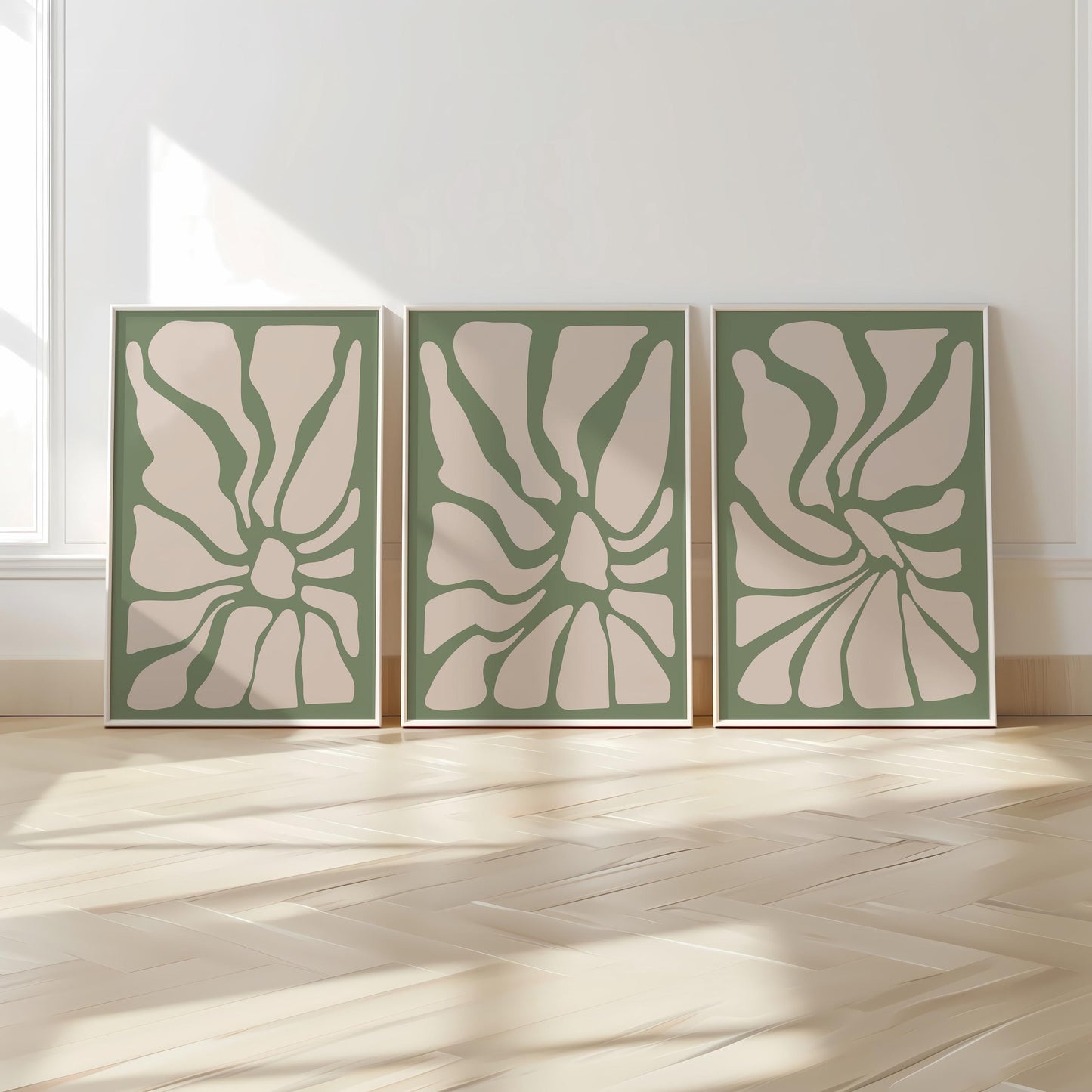 Sage Green Botanical Abstract Prints – Set of 3 Minimalist Wall Art B40