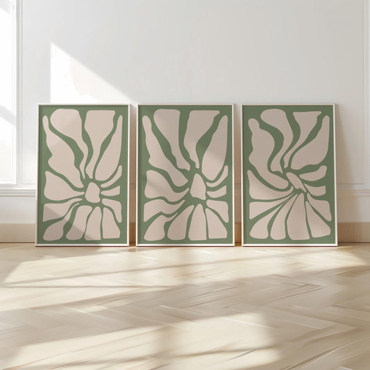 Sage Green Botanical Abstract Prints – Set of 3 Minimalist Wall Art B40