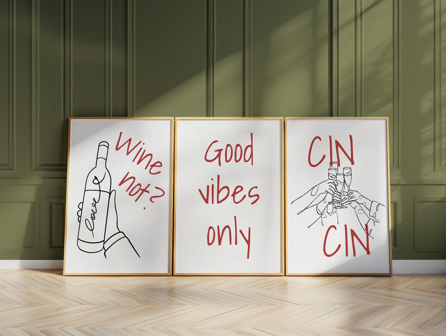 Funny Wine Art Prints for Kitchen – Set of 3 Red Line Posters d140
