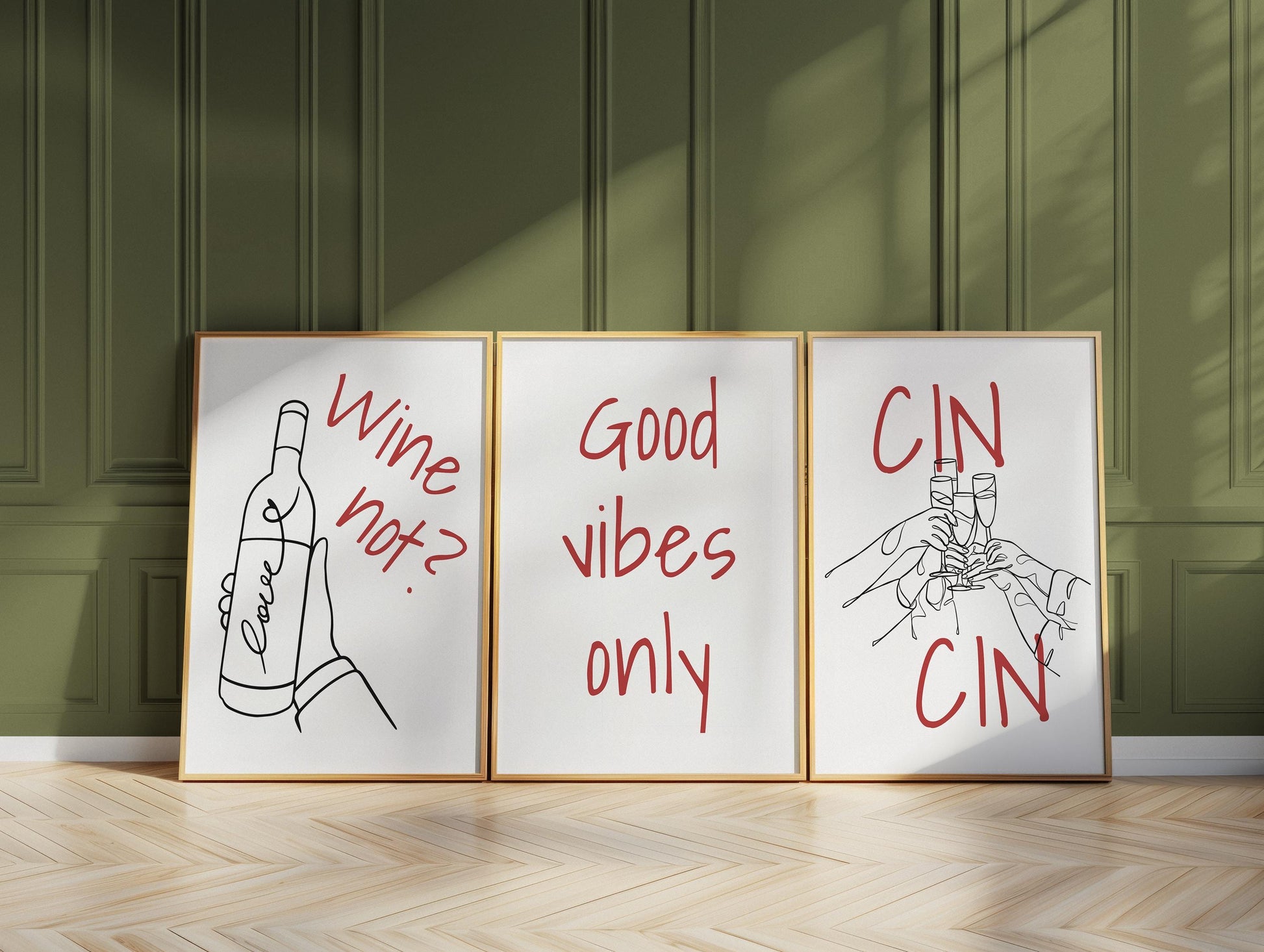 Funny Wine Art Prints for Kitchen – Set of 3 Red Line Posters d140