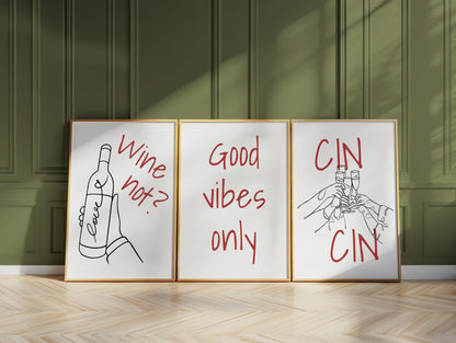Funny Wine Art Prints for Kitchen – Set of 3 Red Line Posters d140