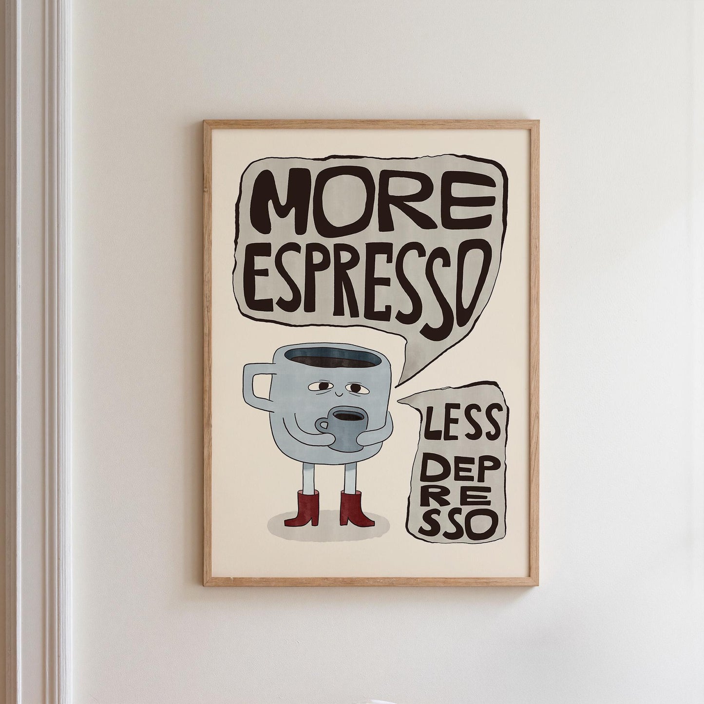 More Espresso Less Depresso Coffee Poster, Hand Drawn Retro Kitchen Wall Art MR83