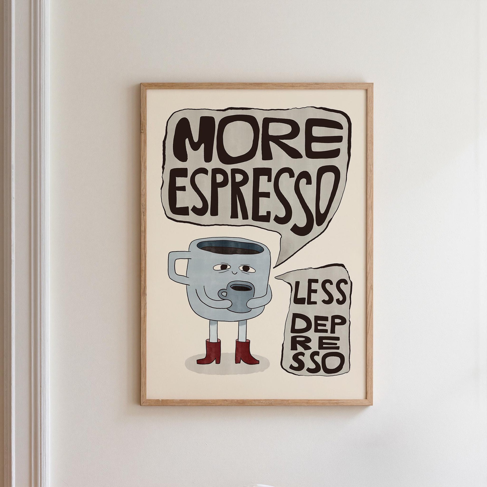 More Espresso Less Depresso Coffee Poster, Hand Drawn Retro Kitchen Wall Art MR83
