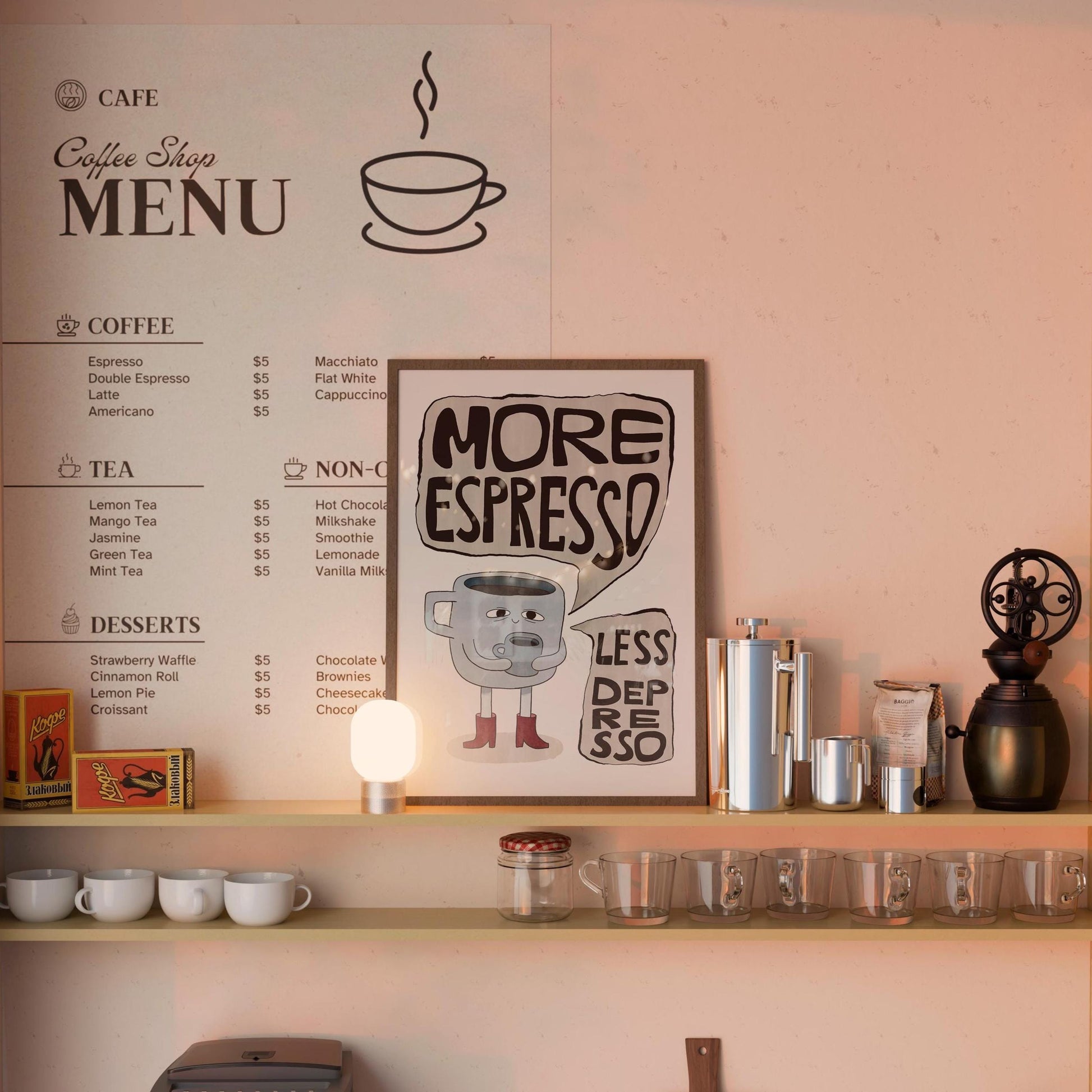 More Espresso Less Depresso Coffee Poster, Hand Drawn Retro Kitchen Wall Art MR83
