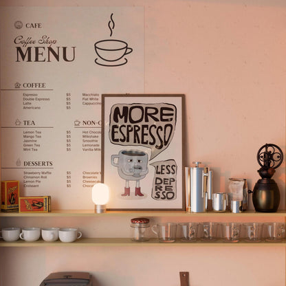More Espresso Less Depresso Coffee Poster, Hand Drawn Retro Kitchen Wall Art MR83