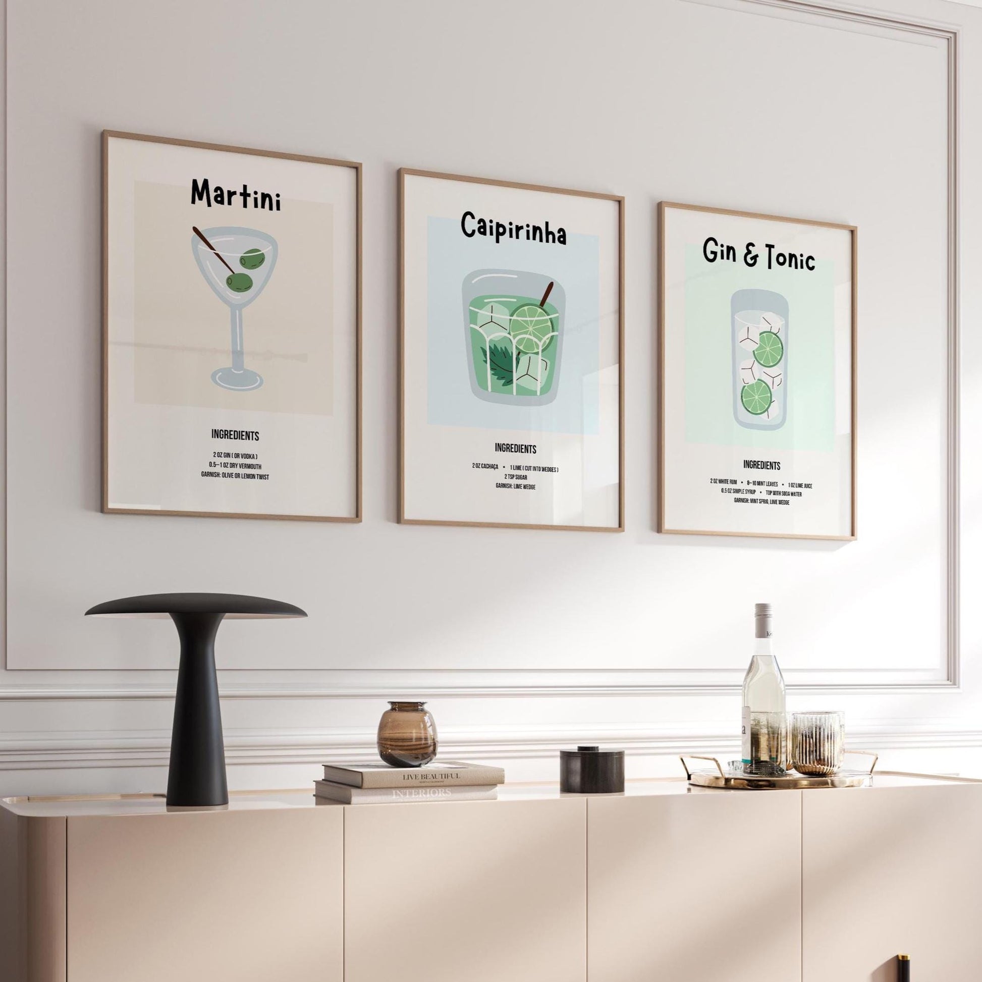 Cocktail Recipe Posters, Choose Any 3 Prints, Bar Cart Wall Art Decor D154