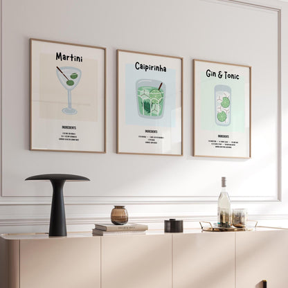 Cocktail Recipe Posters, Choose Any 3 Prints, Bar Cart Wall Art Decor D154