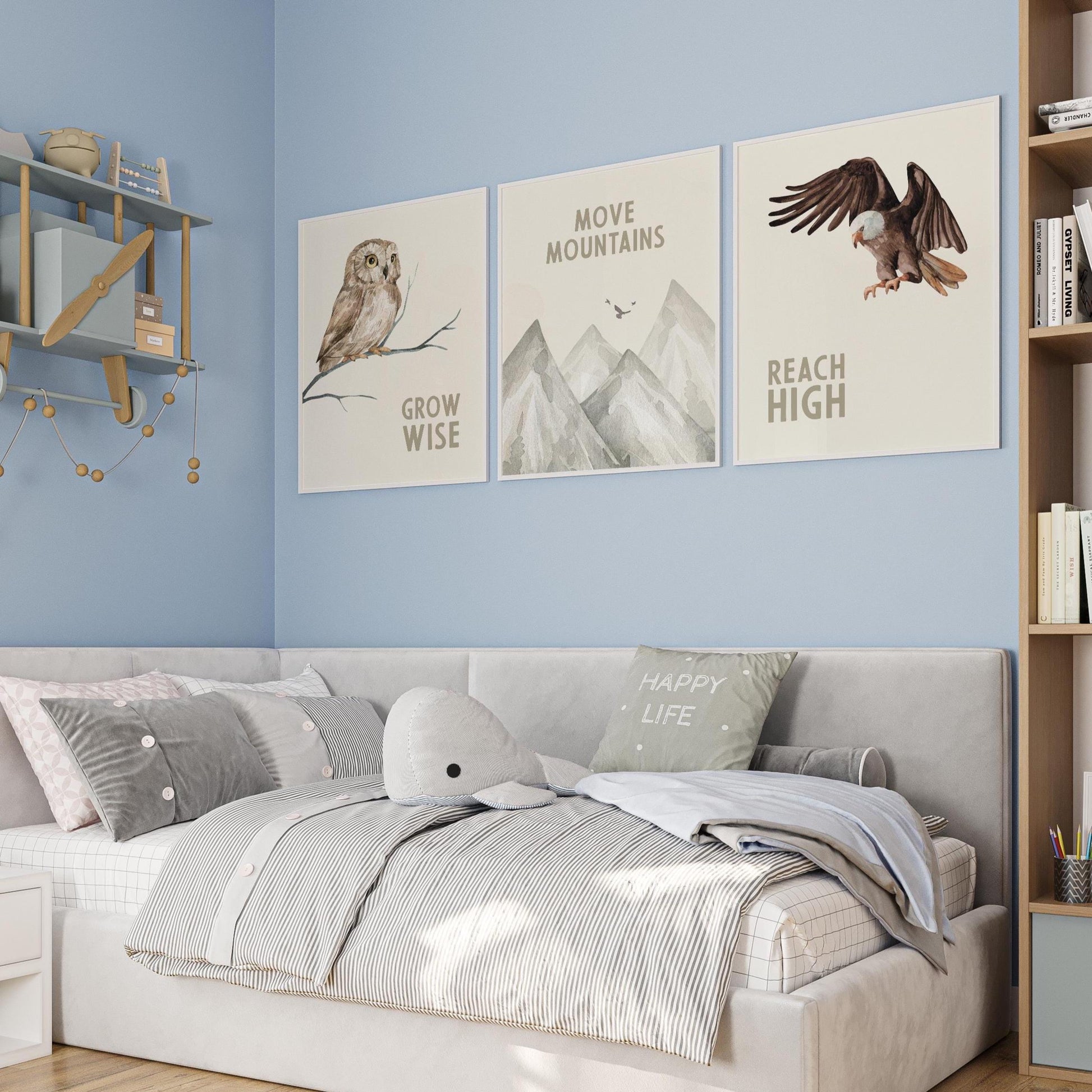 Woodland Nursery Art Prints, Owl Eagle Mountain Decor (Set of 3) N45