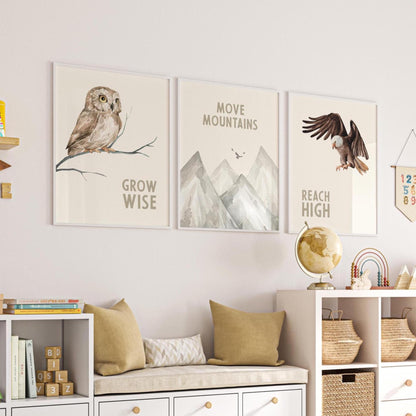 Woodland Nursery Art Prints, Owl Eagle Mountain Decor (Set of 3) N45