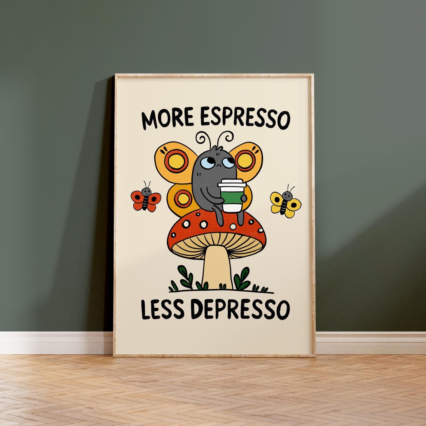 Retro Espresso Depresso Butterfly Mushroom Print, Whimsical Coffee Wall Art MR8
