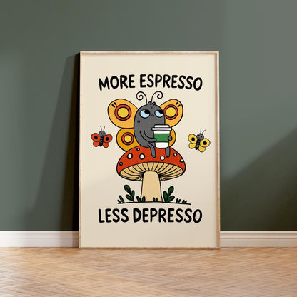 Retro Espresso Depresso Butterfly Mushroom Print, Whimsical Coffee Wall Art MR8
