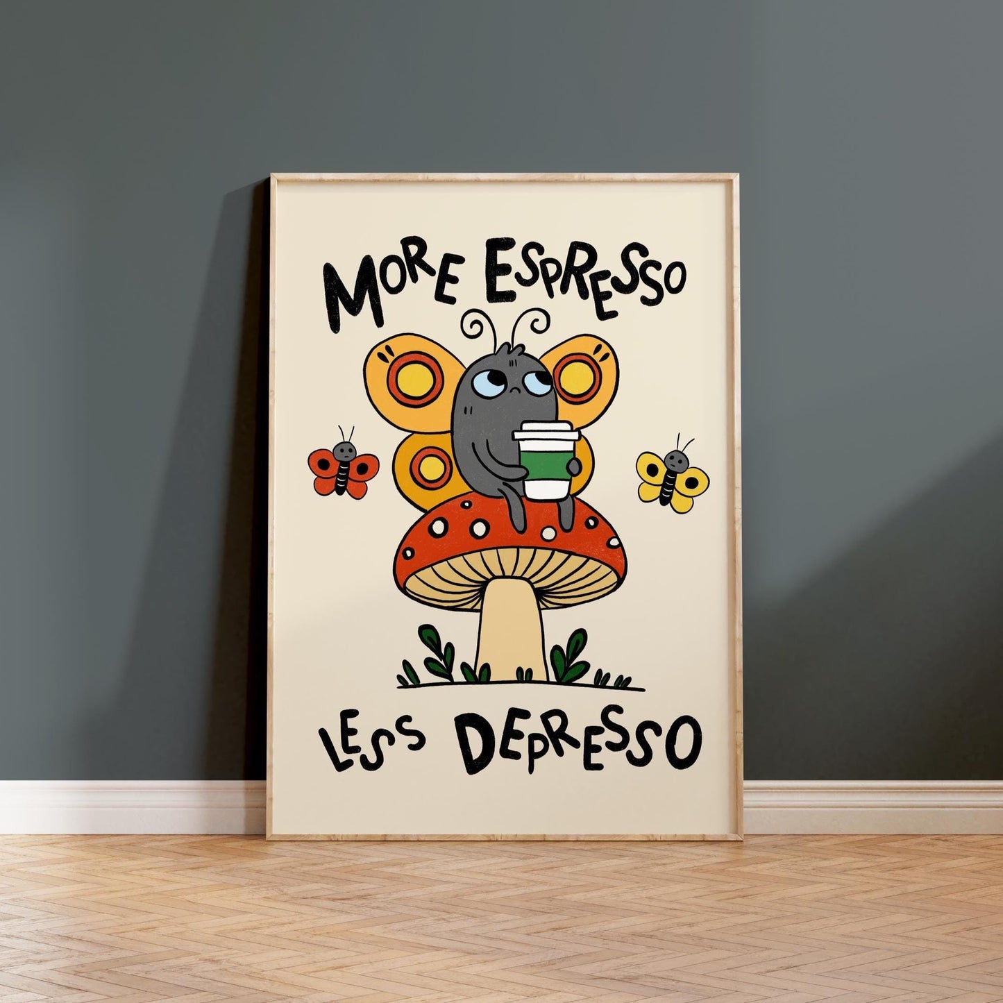 Retro Espresso Depresso Butterfly Mushroom Print, Whimsical Coffee Wall Art MR8