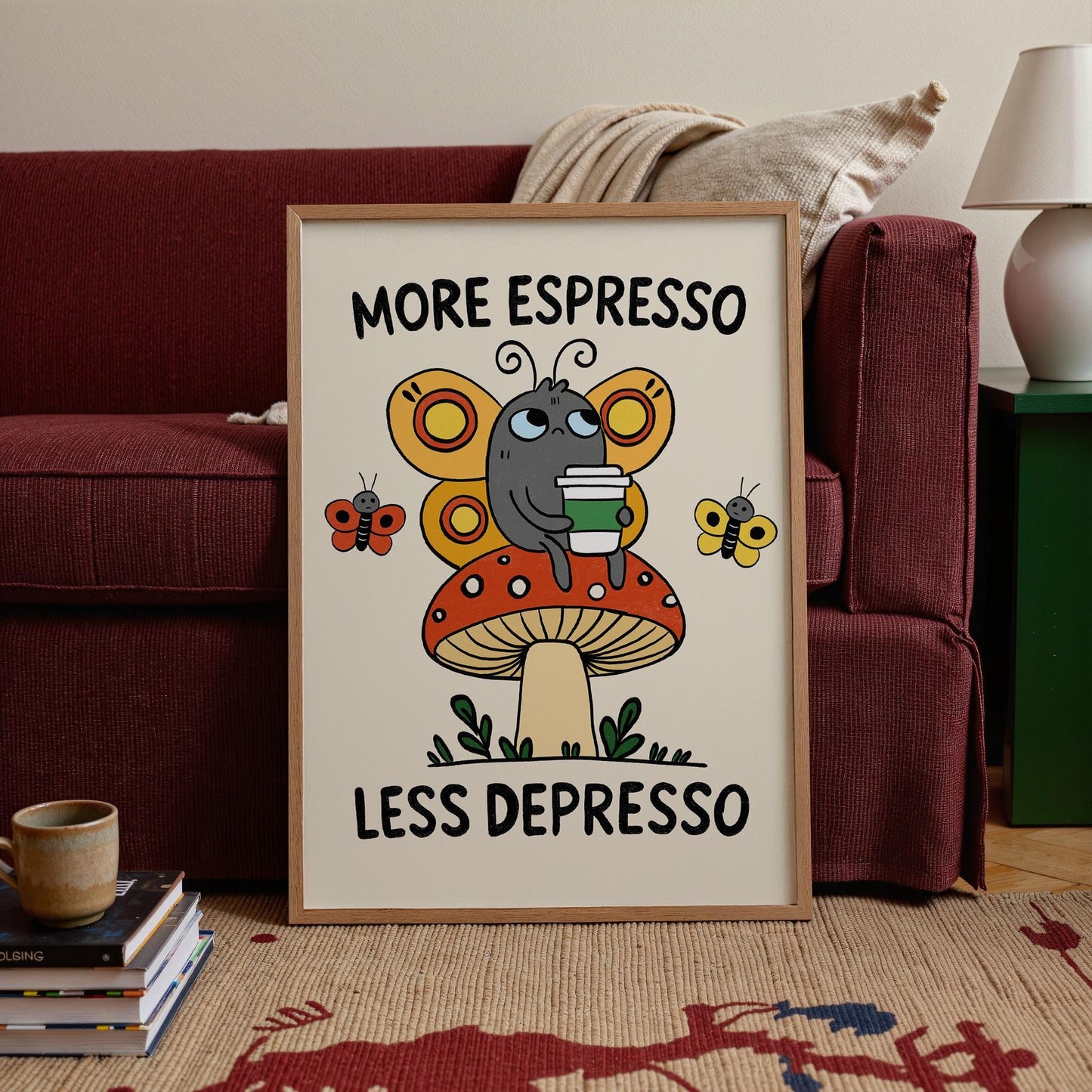 Retro Espresso Depresso Butterfly Mushroom Print, Whimsical Coffee Wall Art MR8