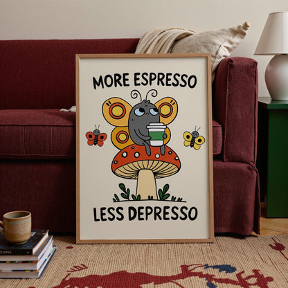 Retro Espresso Depresso Butterfly Mushroom Print, Whimsical Coffee Wall Art MR8