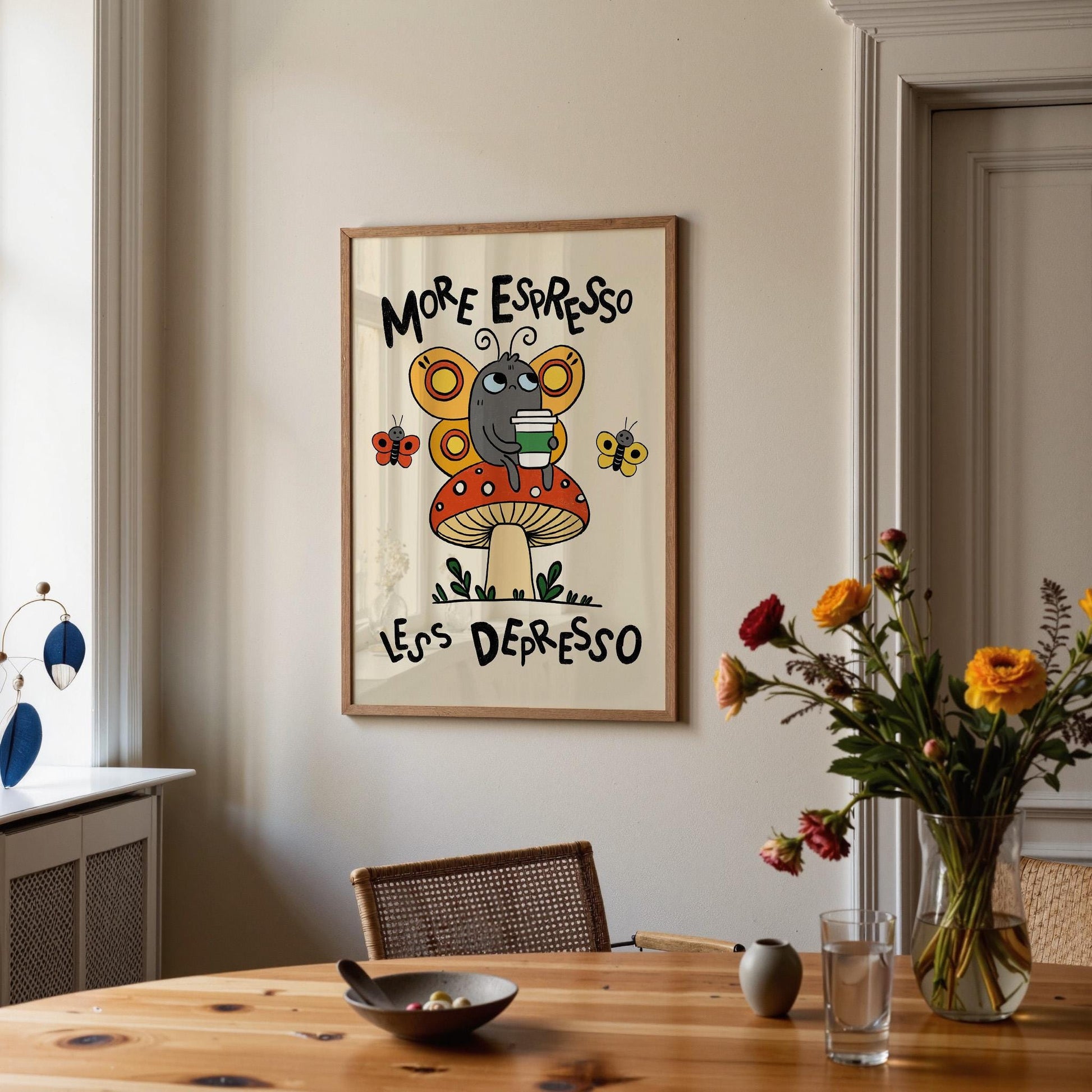 Retro Espresso Depresso Butterfly Mushroom Print, Whimsical Coffee Wall Art MR8