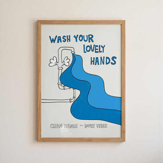 Hand Drawn Wash Your Hands Print, Retro Bathroom Wall Art MR22