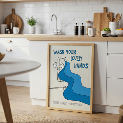 Hand Drawn Wash Your Hands Print, Retro Bathroom Wall Art MR22