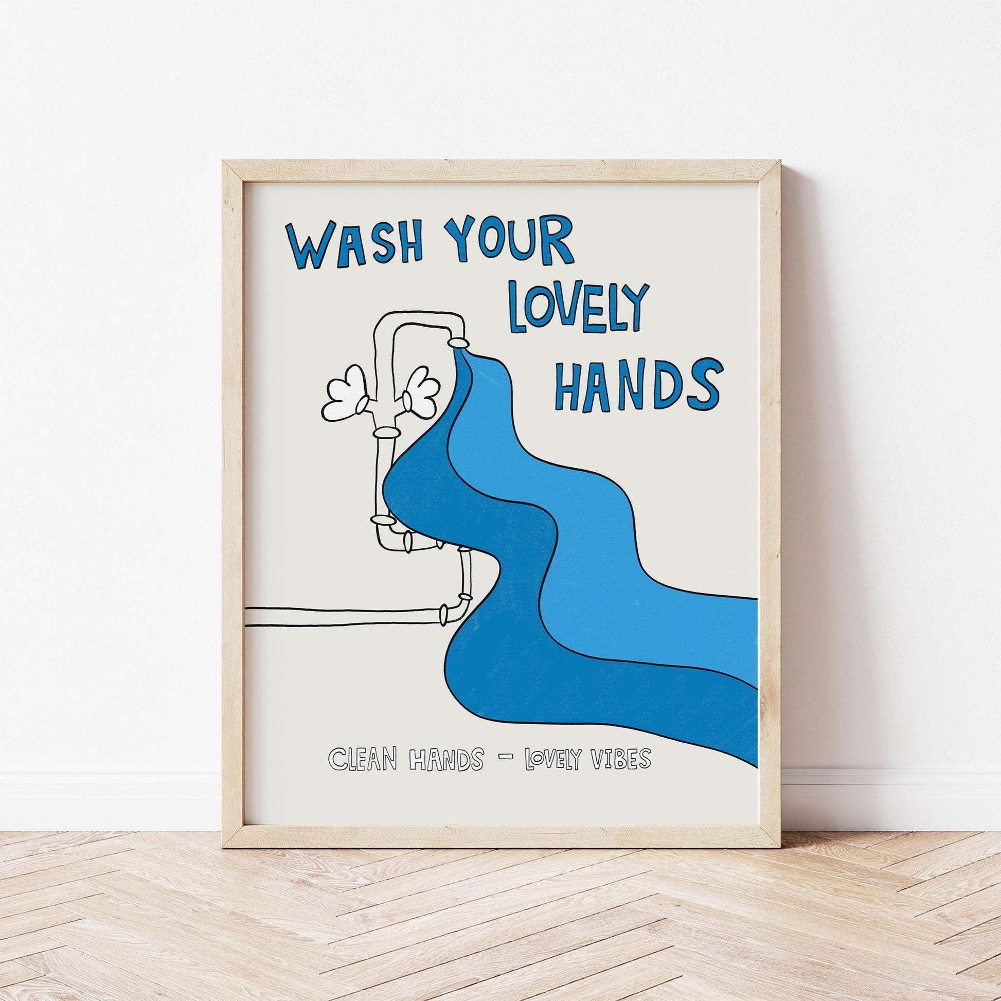 Hand Drawn Wash Your Hands Print, Retro Bathroom Wall Art MR22