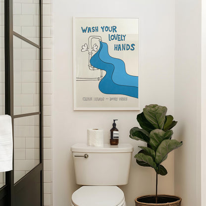 Hand Drawn Wash Your Hands Print, Retro Bathroom Wall Art MR22