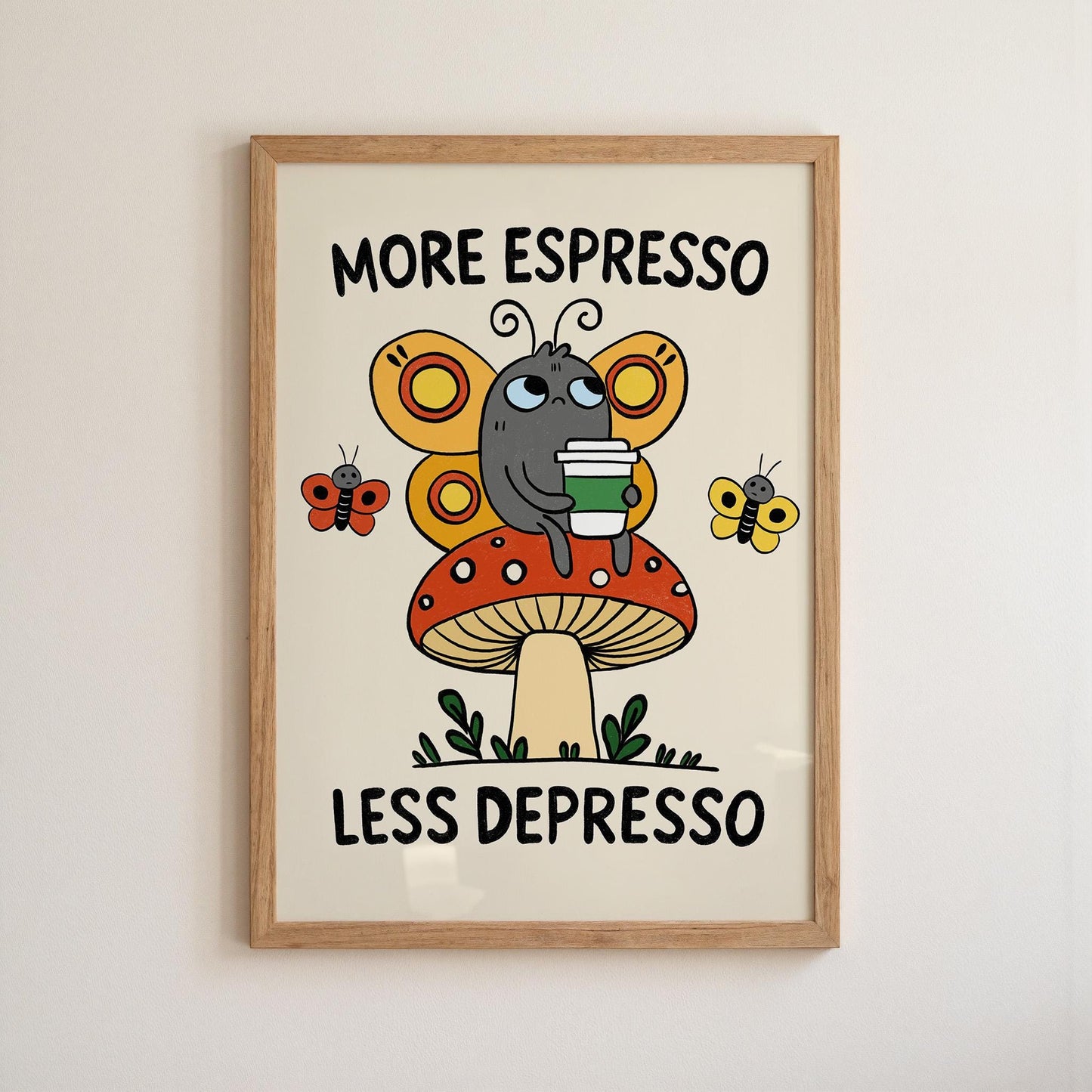 Retro Espresso Depresso Butterfly Mushroom Print, Whimsical Coffee Wall Art MR8