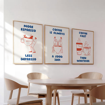 Funny Coffee Quote Poster Set – Espresso, Cafe Wall Art Trio (3 Prints) D135