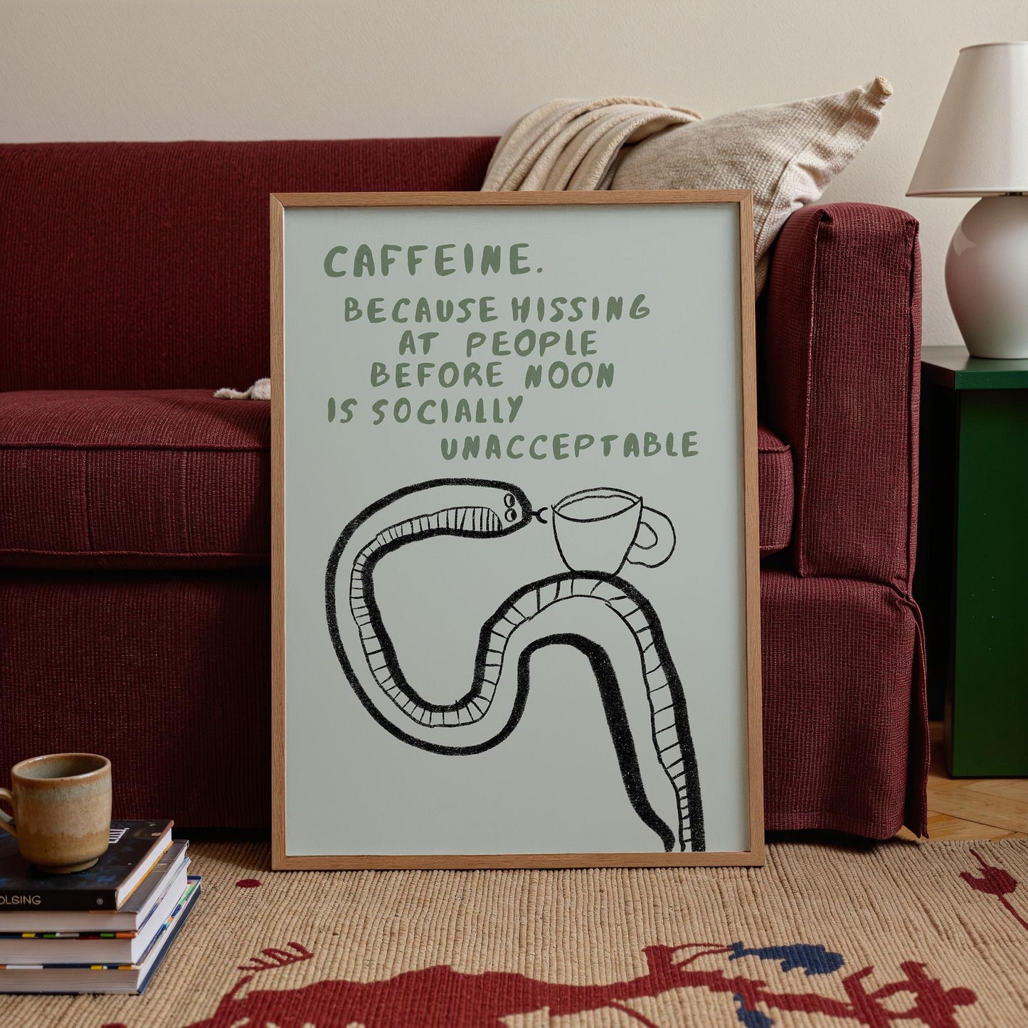 Funny Coffee Snake Print – Mid Century Neutral Kitchen Wall Art Mr5