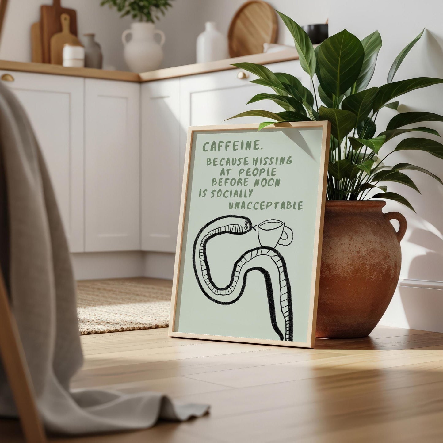 Funny Coffee Snake Print – Mid Century Neutral Kitchen Wall Art Mr5