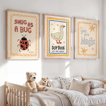 Silly Goose Print, Snug As A Bug Nursery Decor, Quirky Wall, Trendy Magic Art, Rustic Art, Whimsical Kids
