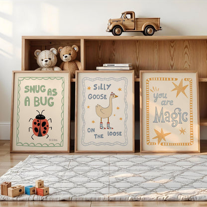 Silly Goose Print, Snug As A Bug Nursery Decor, Quirky Wall, Trendy Magic Art, Rustic Art, Whimsical Kids