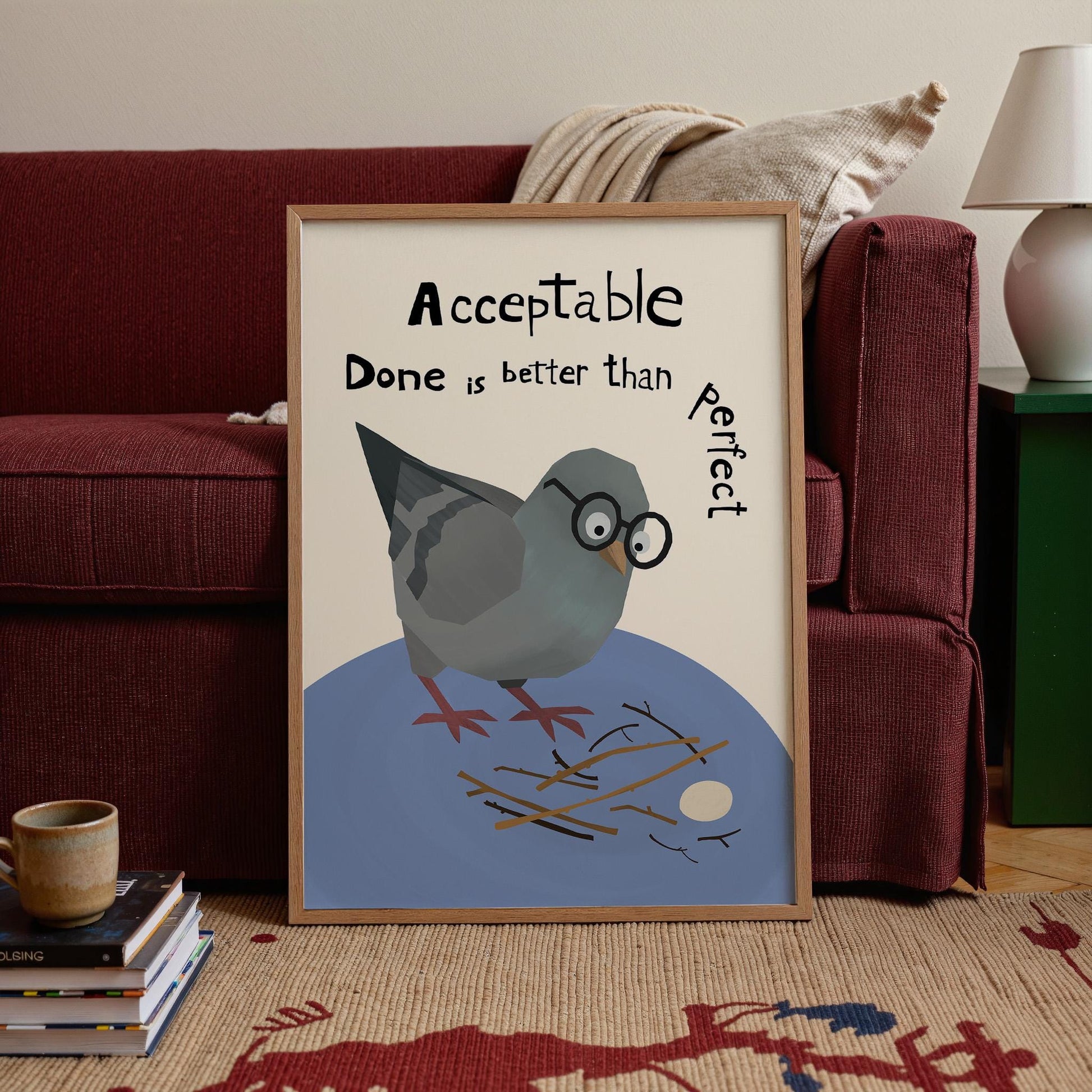 Motivational Poster – Acceptable Nest – Done Is Better Than Perfect – Funny Pigeon Quote Art, Office Wall Decor MR40