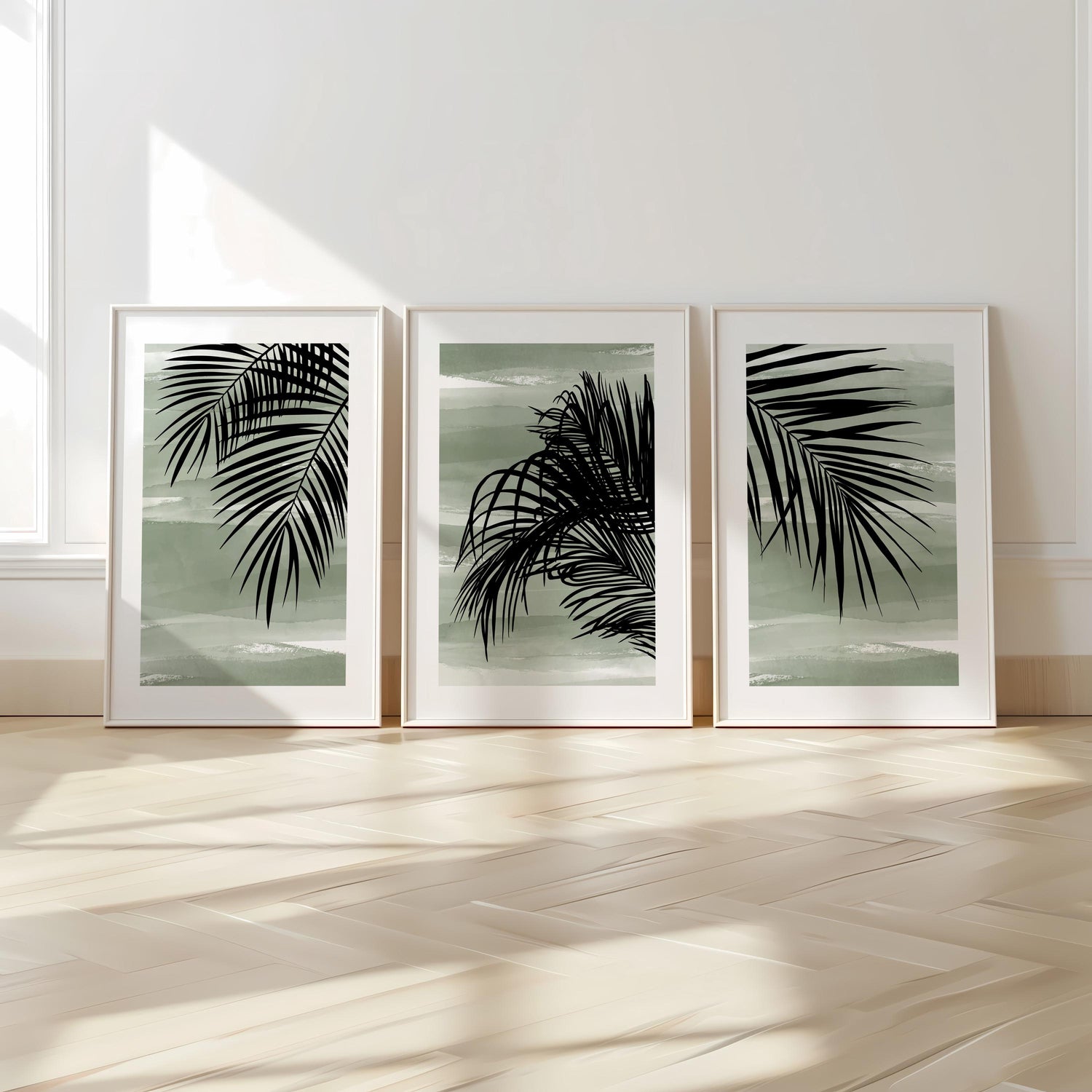 Sage Green Palm Leaf Wall Art Set of 3 Prints, Tropical Boho Posters for Coastal Living Room Decor, Minimalist Gallery Wall B47
