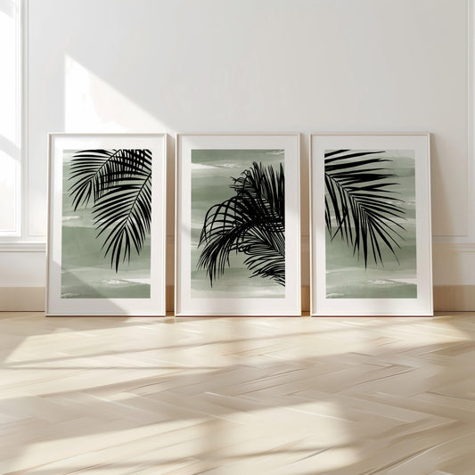 Sage Green Palm Leaf Wall Art Set of 3 Prints, Tropical Boho Posters for Coastal Living Room Decor, Minimalist Gallery Wall B47