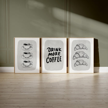 Coffee Croissant Print – Black and White Kitchen Wall Art (Physical Print) D149