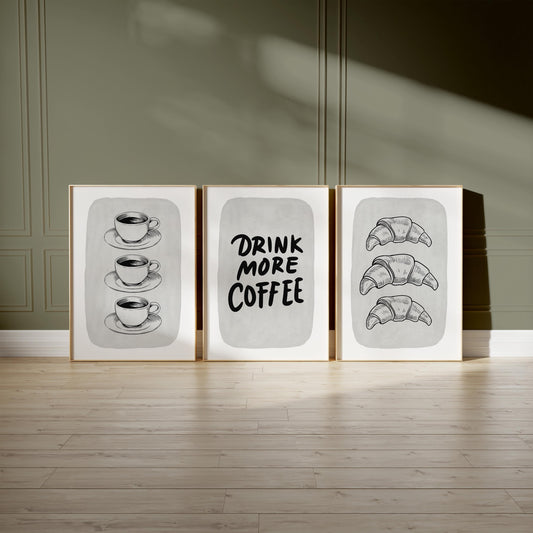 Coffee Croissant Print – Black and White Kitchen Wall Art (Physical Print) D149