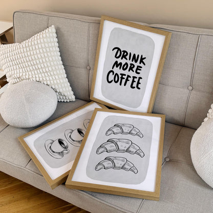Coffee Croissant Print – Black and White Kitchen Wall Art (Physical Print) D149